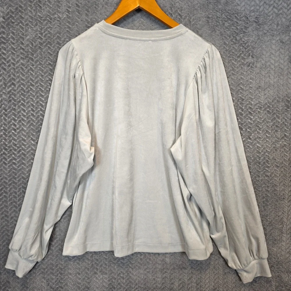 LOFT Womens Light Gray Velour Puff Sleeve Crew Neck Top Blouse Large RN140923